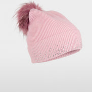 Hat with faux fur pom-pom and sequins