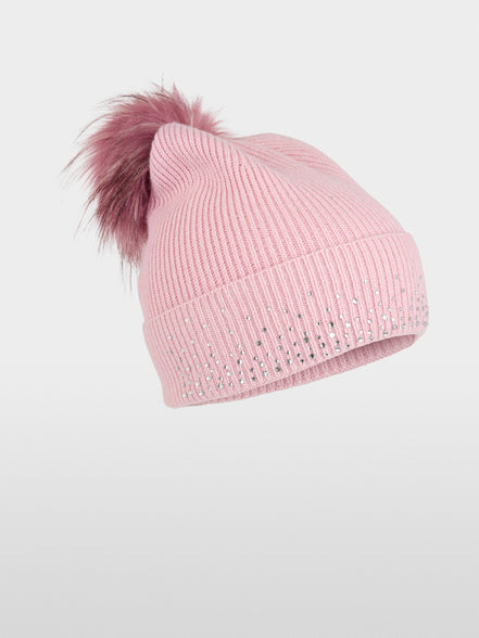 Hat with faux fur pom-pom and sequins