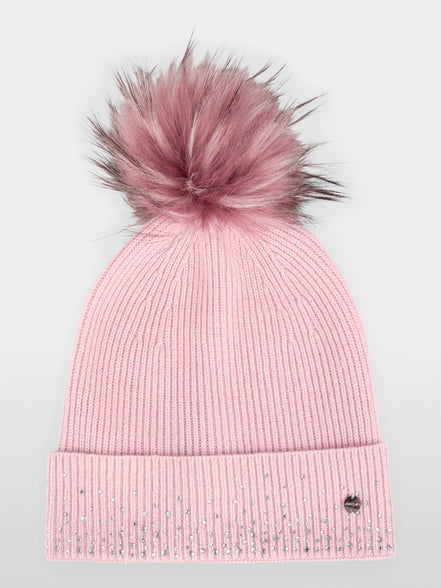 Hat with faux fur pom-pom and sequins