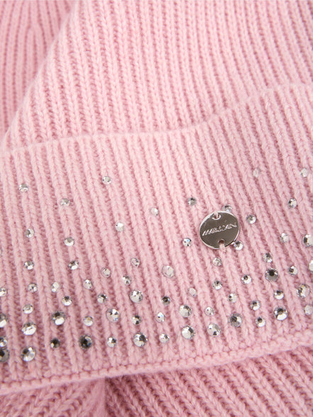 Hat with faux fur pom-pom and sequins
