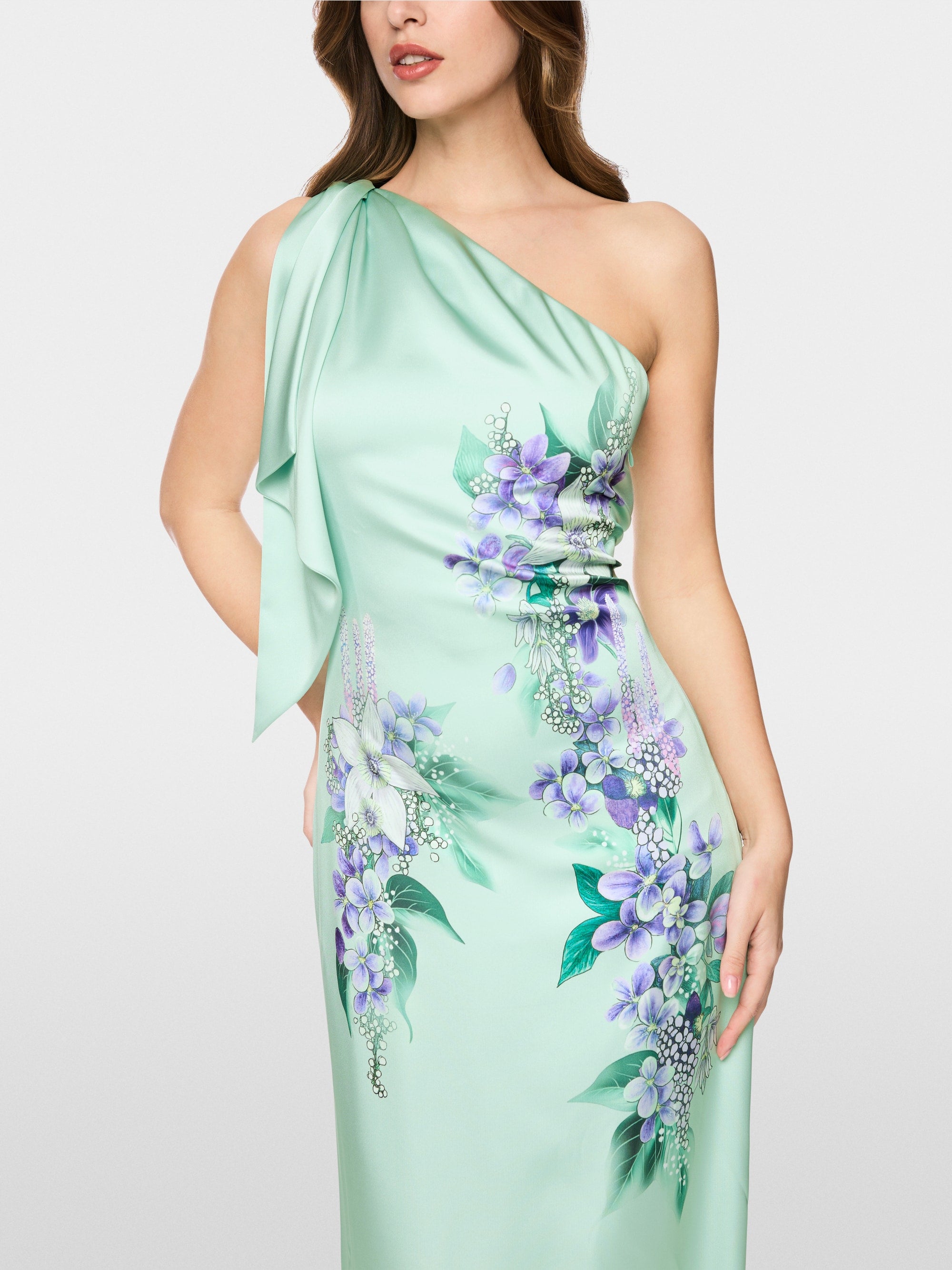 One-shoulder evening dress with flounce