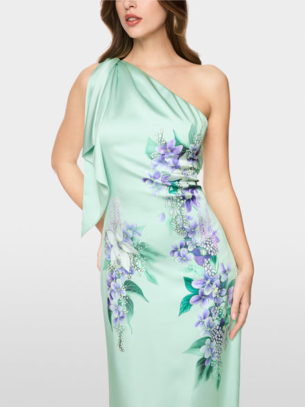 One-shoulder evening dress with flounce