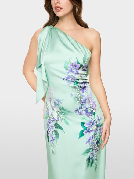 One-shoulder evening dress with flounce