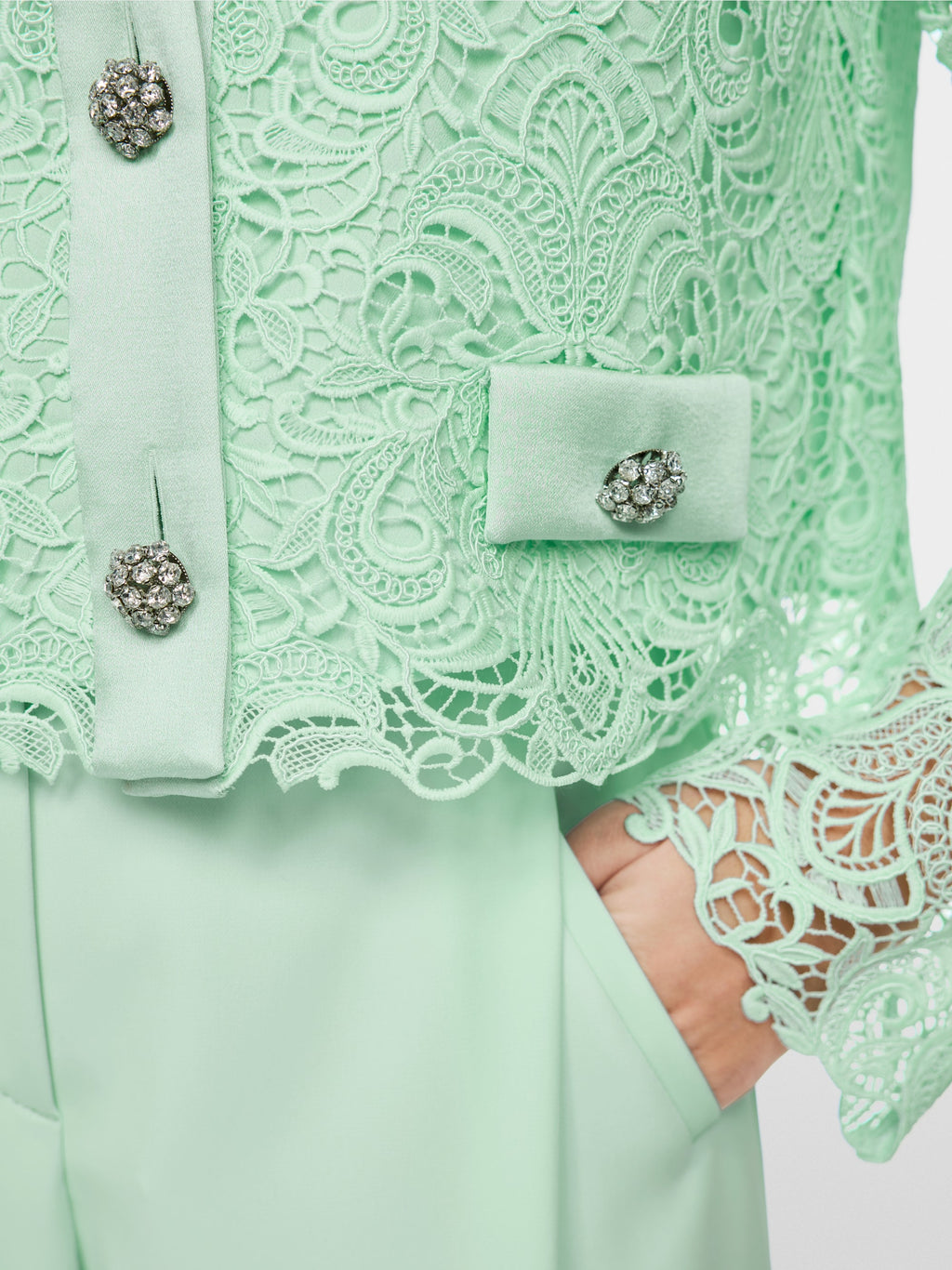 Jacket with lace and rhinestone buttons