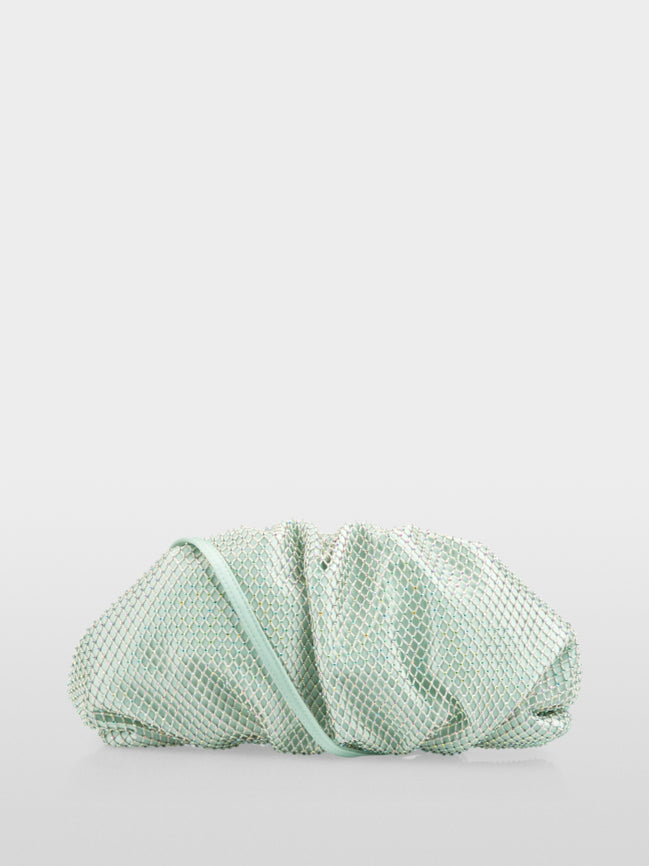 Satin clutch with crystal mesh trim
