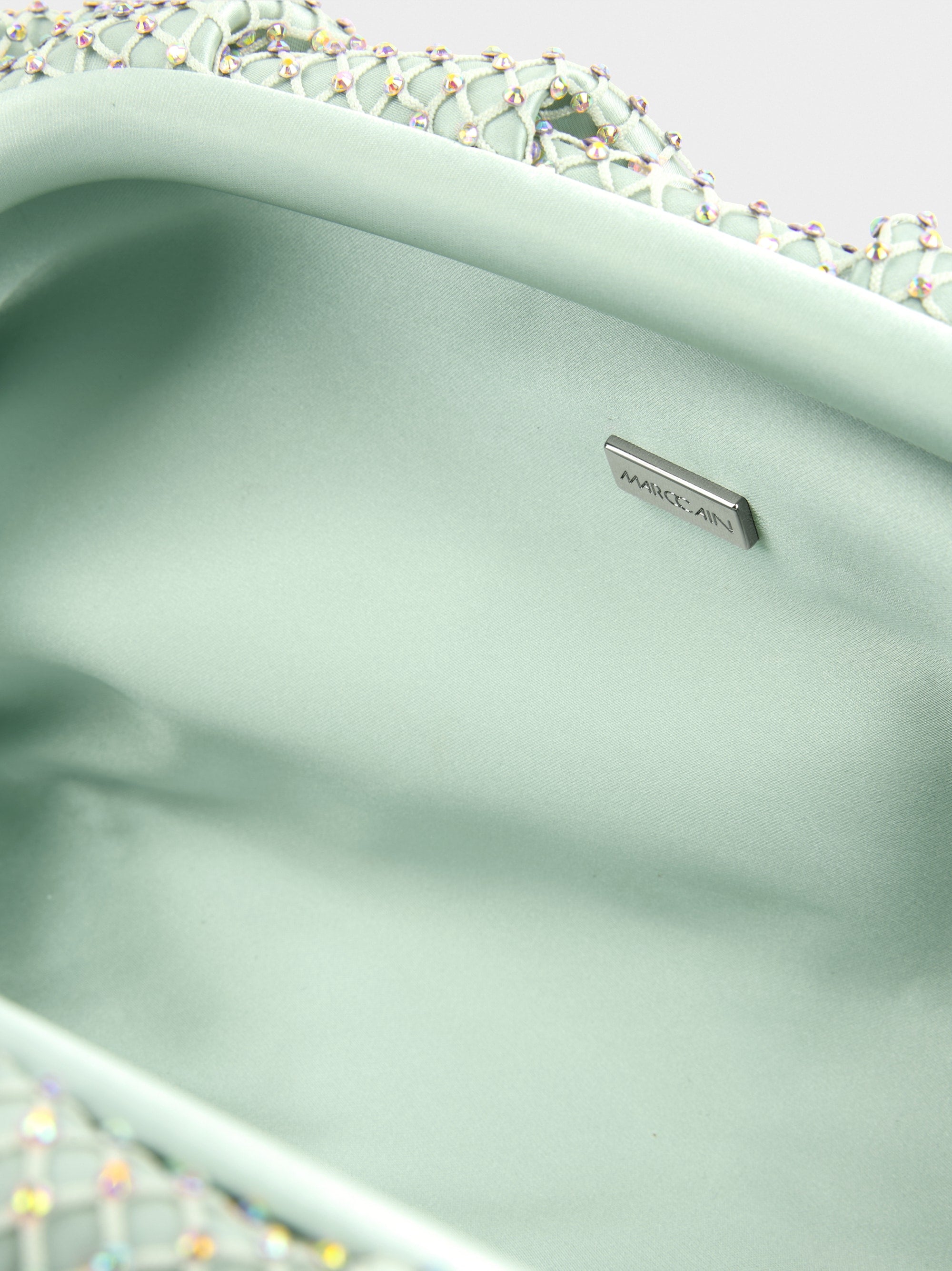 Satin clutch with crystal mesh trim