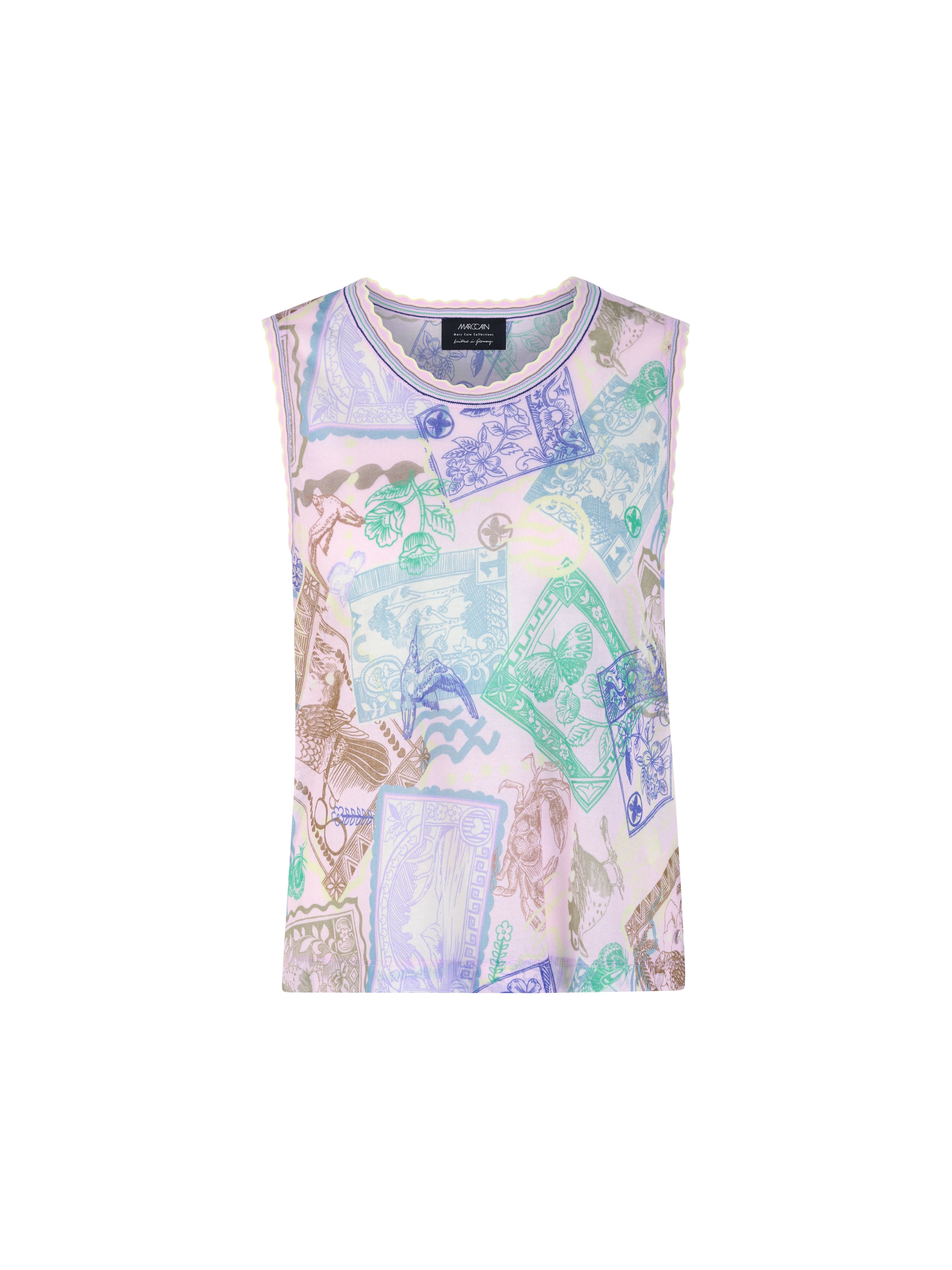 Sleeveless knitted top with stamp print